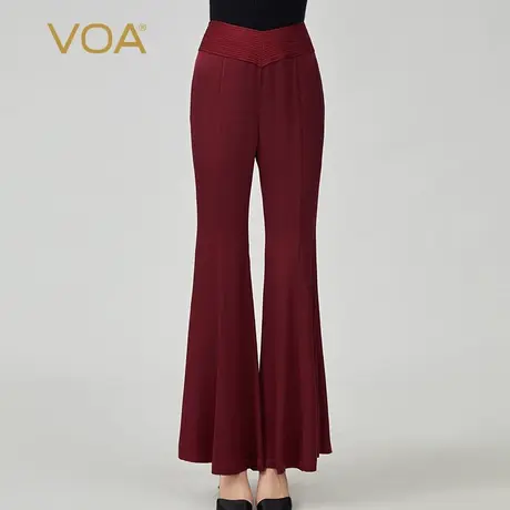 VOA真丝40姆米双面缎红色自然腰斜插口袋纯色简约桑蚕丝喇叭裤图片