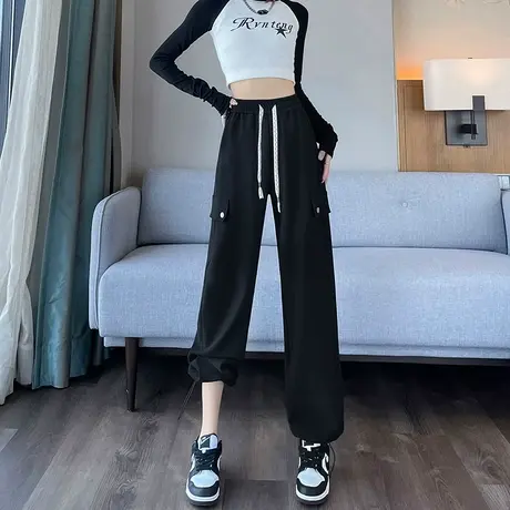 美式黑色抽绳束脚工装裤女2023秋季新款高腰显瘦休闲阔腿运动裤子图片