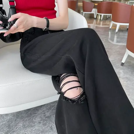 黑色破洞牛仔裤女春夏薄款天丝高腰直筒宽松窄版阔腿垂感拖地裤子商品大图