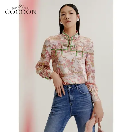 COCOON商场同款2023秋冬新款新中式国风宋锦缎面衬衫女商品大图