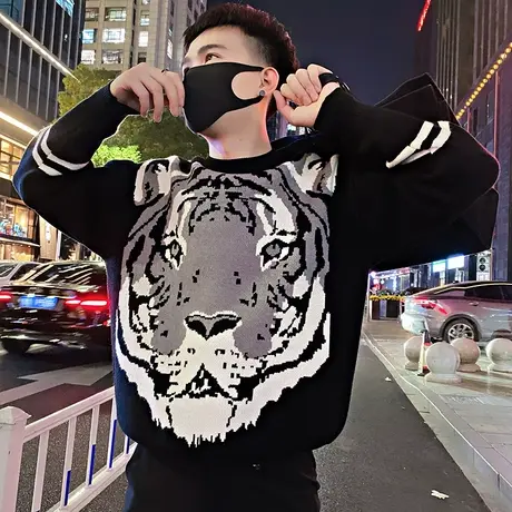 毛衣男秋冬季2023新款个性虎头满印提花针织衫设计感宽松套头线衣商品大图