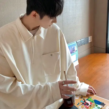 潮牌宽松纯色百搭休闲POLO衫男oversize港风半拉链翻领长袖上衣服商品大图