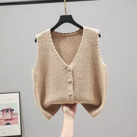 2023春秋新款韩版宽松V领针织衫女百搭纯色无袖纽扣开衫外套马甲商品大图