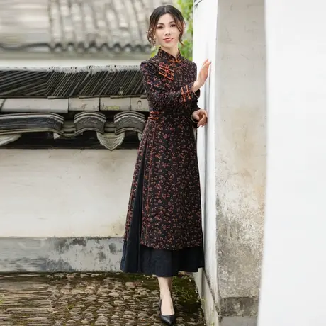 筠雅长款优雅旗袍年轻款女改良中国风复古走秀旗袍连衣裙 23J155图片