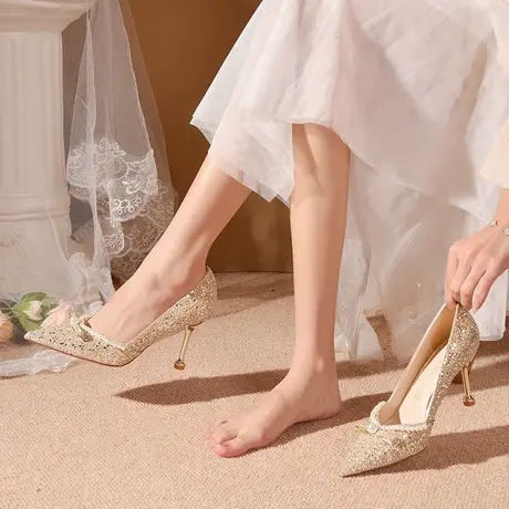 婚鞋女2025新款春季秀禾婚纱两穿新娘鞋金色水晶高跟鞋细跟不累脚图片