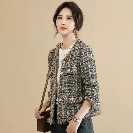 韩潮袭人高级感小香风V领拼接外套女2023冬季新款时尚休闲上衣图片