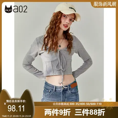 【漫步】a02甜美通勤T恤女2023秋小众抽绳设计感短款长袖打底T恤图片