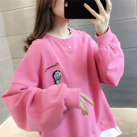 假两件拼接卫衣女圆领套头2023年春秋季新款女装卡通刺绣上衣百搭图片