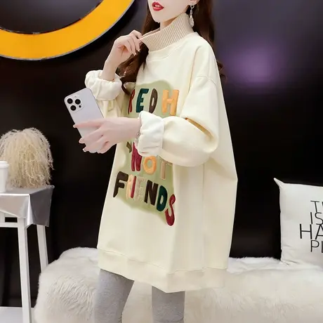 加绒加厚半高领卫衣女中长款2024新款春季洋气减龄宽松设计感上衣图片