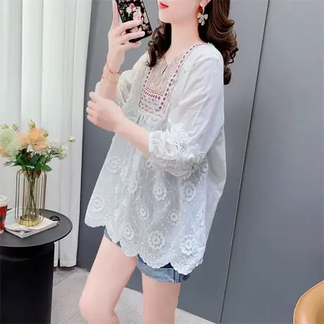 民族风刺绣花朵雪纺娃娃衫夏季2023新款宽松洋气甜美蕾丝衬衫上衣图片