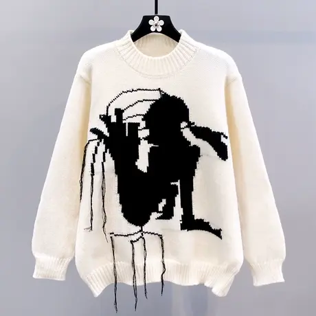 慵懒风流苏抽象毛衣女秋冬2023新款宽松设计感外穿圆领针织衫上衣图片