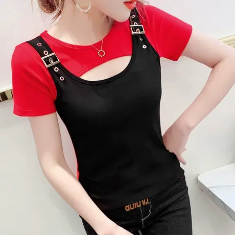 性感镂空T恤女短袖夏装小众设计感假两件上衣洋气百搭撞色小衫潮图片