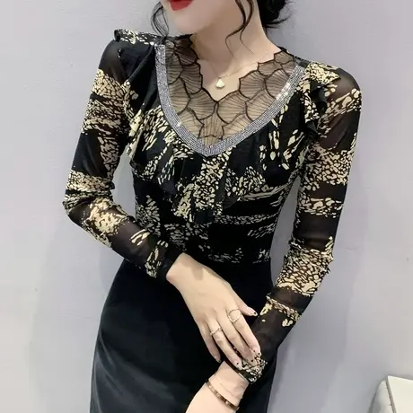 早秋时尚烫钻V领T恤女长袖欧货气质内搭打底衫性感网纱荷叶边上衣商品大图