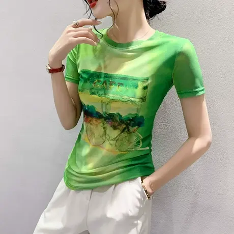 时尚圆领网纱T恤女短袖2024夏季新款气质印花上衣显瘦百搭体恤衫商品大图