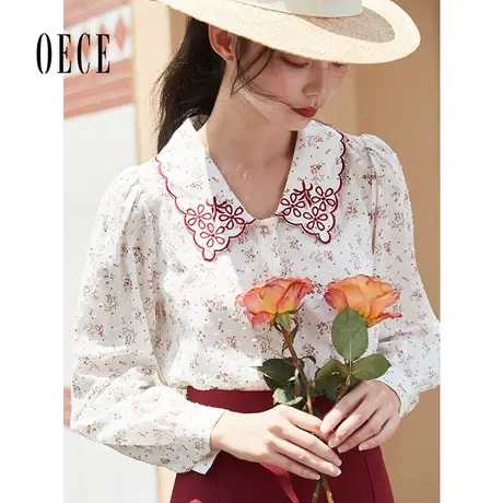 春装女装 甜蜜文艺气小碎花复古刺绣翻领长袖衬衫商品大图
