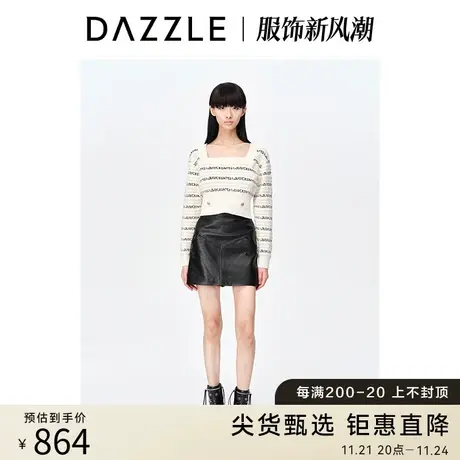 DAZZLE地素奥莱2023春季新款法式复古方领字母提花短款针织衫上衣图片