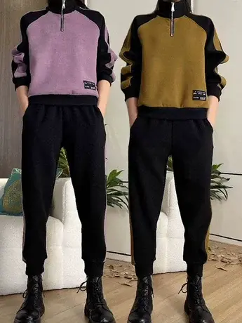 卫衣套装女2023年春秋新款时尚减龄休闲洋气撞色拼接束脚裤两件套商品大图