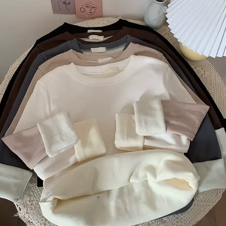 秋冬加绒加厚保暖圆领德绒打底衫内搭女洋气紧身上衣百搭长袖t恤商品大图