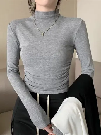 灰色半高领打底衫2024新款女秋冬季内搭上衣修身褶皱辣妹长袖T恤商品大图