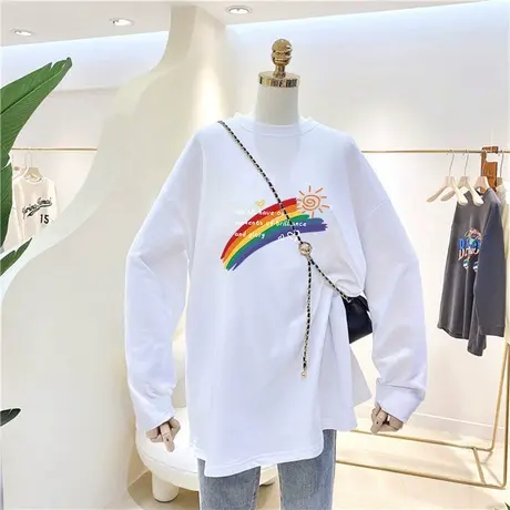 彩虹长袖t恤女韩版宽松大码纯棉磨毛上衣中长款春秋冬季打底衫潮商品大图
