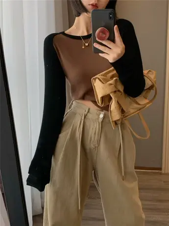 巨显瘦！修身高弹力透气撞色插肩袖圆领长袖T恤螺纹T女打底衫上衣图片