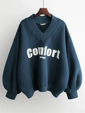 卫衣女春秋薄款2021新款韩版ins潮灯笼袖V领宽松百搭短款外套上衣商品大图