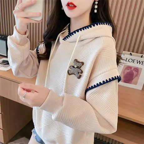 华夫格连帽卫衣女2023新款秋冬季韩版宽松加绒加厚拼色小个子外套图片
