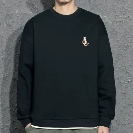 春季2022年新款韩版薄款刺绣男士百搭上衣男生春秋圆领黑色卫衣潮商品大图