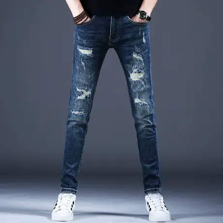 破洞刮烂乞丐裤子修身小脚2023新款牛仔裤男款秋冬季休闲男裤潮牌商品大图