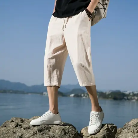 亚麻七分裤子男士夏季冰丝薄款宽松过膝中裤夏天速干休闲运动短裤商品大图