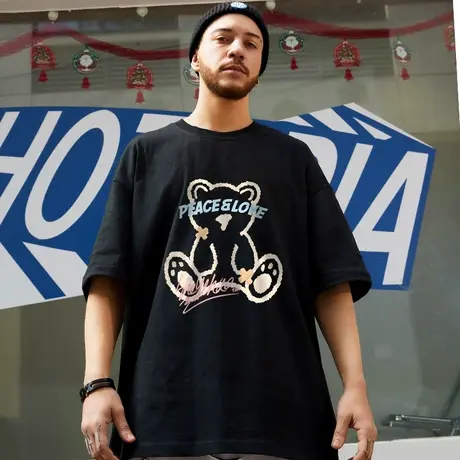 夏季oversize国潮小熊大码短袖T恤男ins潮牌潮流情侣半袖大码男装图片