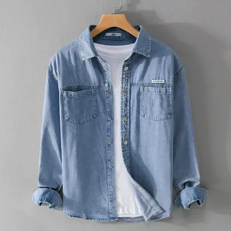 休闲牛仔衬衫男宽松春秋季长袖衬衣男生青年水洗上衣男士外套潮流图片