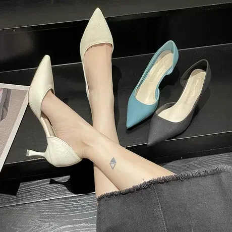 2023韩版新款夏百搭时尚女鞋侧空浅口尖头单鞋性感细跟高跟鞋女图片