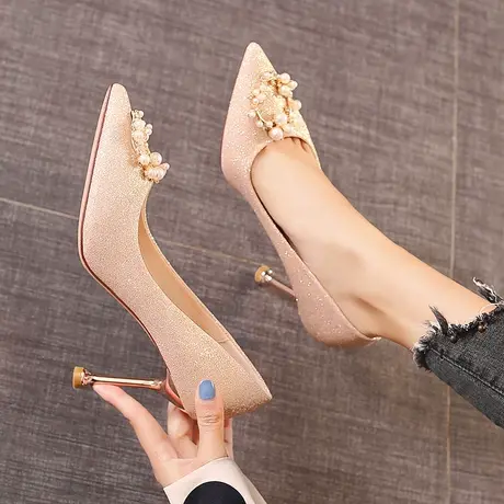 2024年春季新款新娘鞋伴娘珍珠水钻单鞋细跟尖头法式高跟鞋女性感商品大图