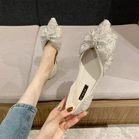 尖头浅口单鞋女2024年新款性感法式蝴蝶结仙女水钻气质平底宴会鞋图片