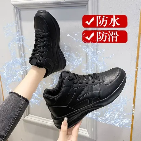 防水老北京皮鞋女士全黑色运动鞋春秋餐饮厨房妈妈工作鞋防滑软底商品大图