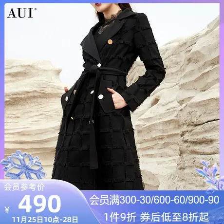 AUI黑色高端重工西装风衣外套女2023秋冬新款气质御姐中长款大衣图片