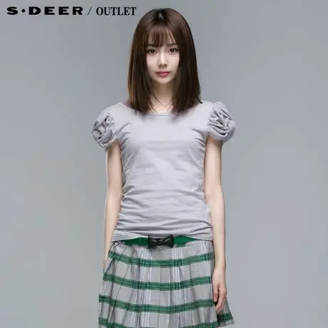 【🐉多件多折】🐊sdeer圣迪奥新款夏装女装皱褶袖优雅短袖T恤2280105图片