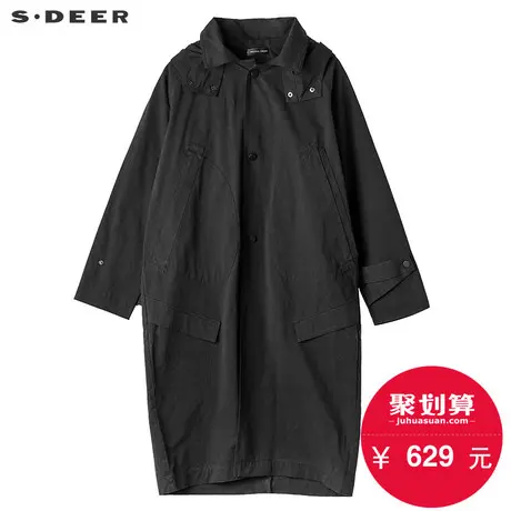 sdeer圣迪奥2019春装翻领连帽茧型休闲长款风衣外套女S17361859🗾图片