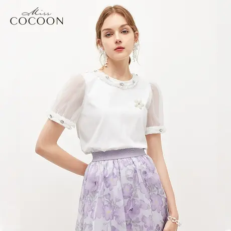 miss COCOON白色针织t恤女夏2023新款钉珠网纱设计感宽松短袖上衣商品大图