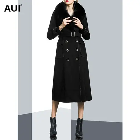 黑色中长款狐狸毛领过膝毛呢外套女冬2023新款大气收腰呢子外套潮商品大图