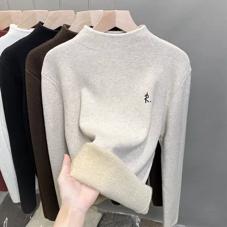 一体绒半高领毛衣女加绒加厚打底衫2023秋冬新款针织衫内搭上衣潮商品大图