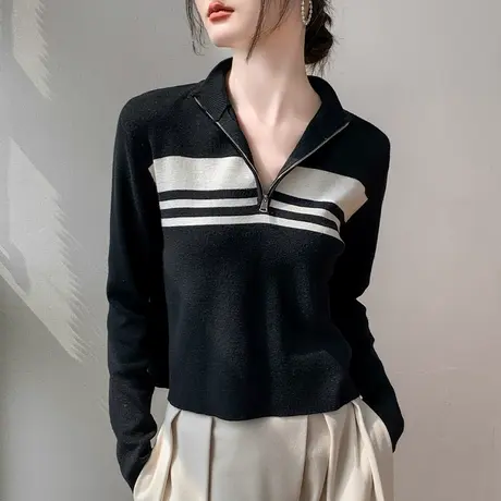 半高领拉链长袖针织外套女2023秋冬新款条纹休闲修身上衣羊毛毛衣图片