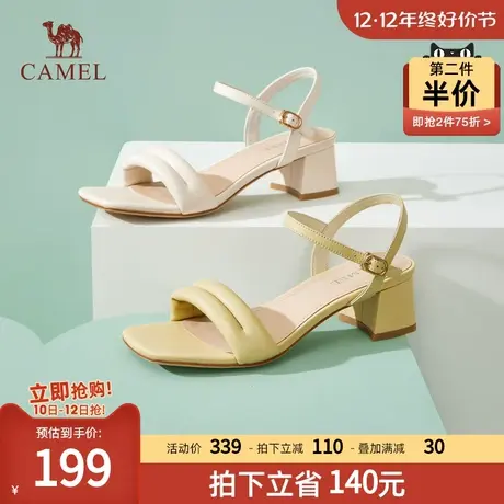 【低价服饰好物】骆驼头层羊皮 「面包条」一字带粗跟凉鞋图片