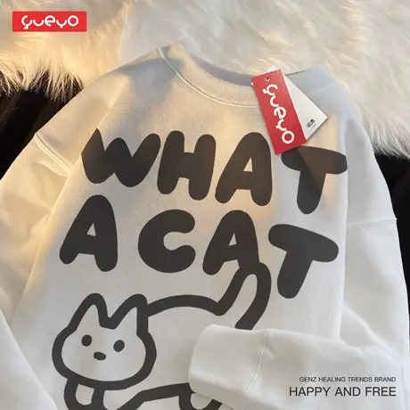 悦游 what a cat 抽象猫咪线条原创设计潮牌加绒印花圆领卫衣男商品大图
