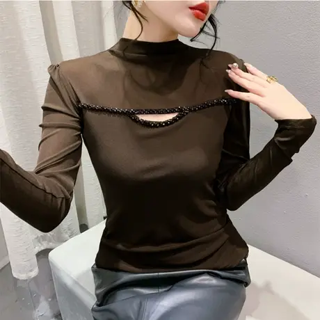 欧货时尚性感网纱镂空手工钉长袖洋气套头T恤修身上衣女打底小衫商品大图