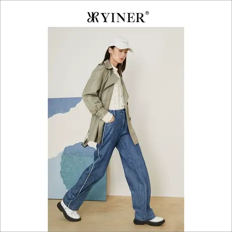 *YINER音儿奥莱女装2022春季新款修身腰带双排扣西装领风衣图片