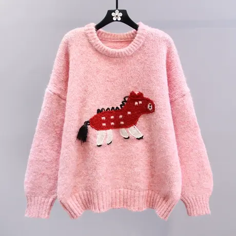 小清新卡通套头粉色毛衣女冬季2023新款宽松慵懒风加厚针织衫上衣商品大图