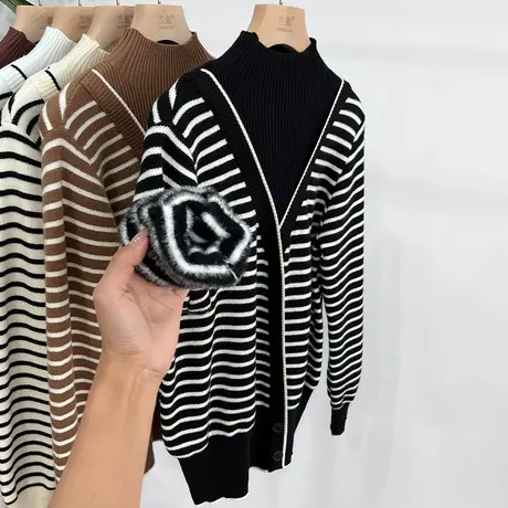 半高领水貂绒条纹长袖针织衫女2023秋冬新款加绒加厚坑条保暖上衣商品大图