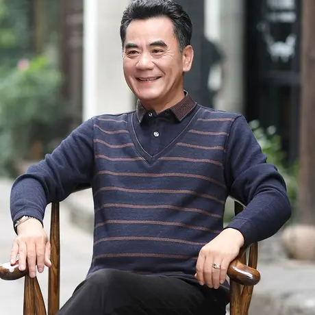 爸爸春秋装长袖T恤加厚款中老年人男士毛衣针织打底衫内搭上衣服图片